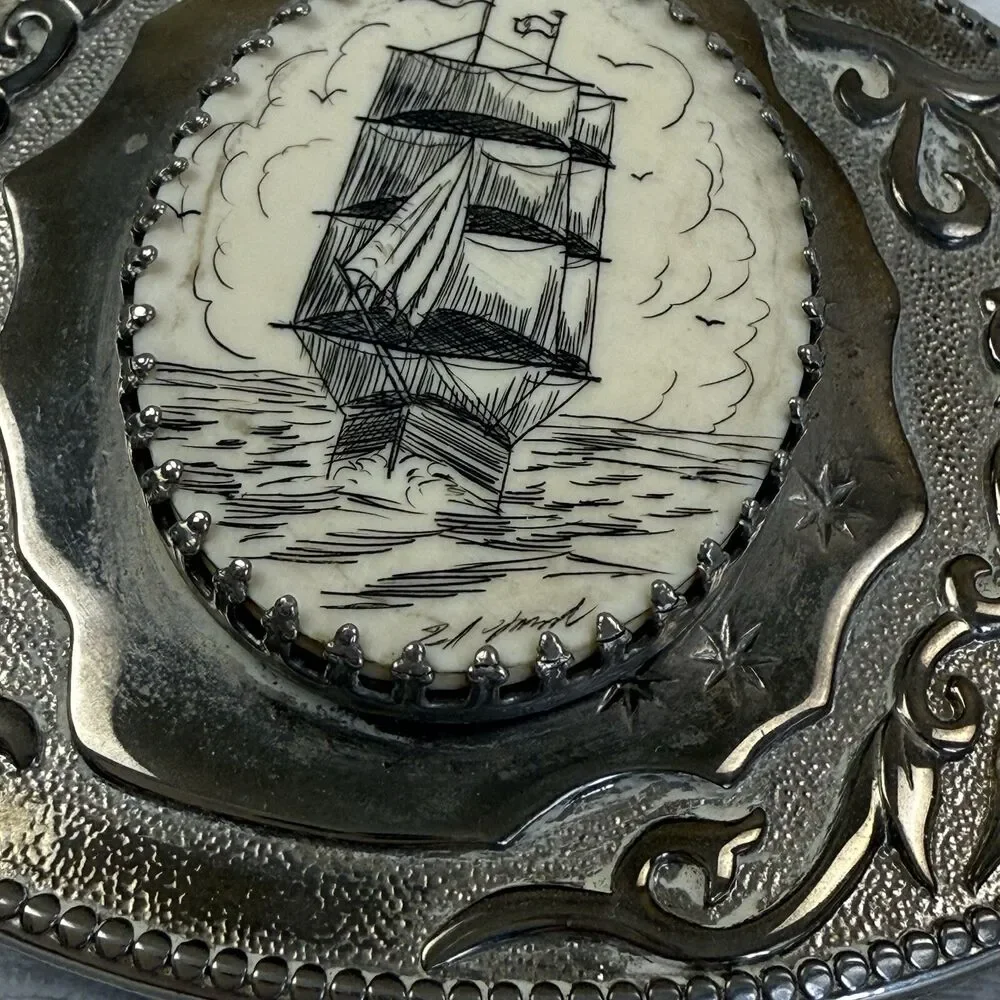 Vintage Sailing Ship Scrimshaw Belt Buckle Silver Metal Bone Floral